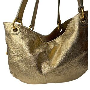 Loyd Maish Metallic Gold Leather Tote Bag With Dual Handles & Geometric Lining